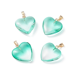 Medium Aquamarine Two Tone Spray Painted Glass Pendants, with Golden Plated Iron Bails, Heart, Medium Aquamarine, 22x20.5x7mm, Hole: 6x2mm