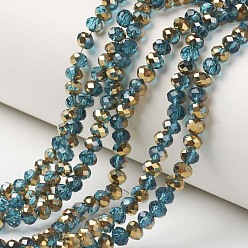 Cornflower Blue Electroplate Transparent Glass Beads Strands, Half Golden Plated, Faceted, Rondelle, Cornflower Blue, 4x3mm, Hole: 0.4mm, about 130pcs/strand, 16.54 inch(42cm)