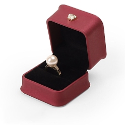 Brique Rouge Couronne carrée pu bague en cuir boîte à bijoux, étui cadeau de rangement pour bagues, de velours à l'intérieur, pour le mariage, engagement, firebrick, 5.8x5.8x4.8 cm