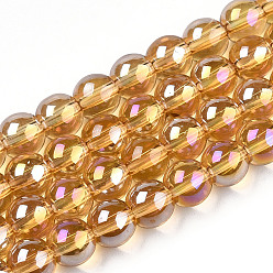 Verge D'or Plaquent verre transparent perles brins, de couleur plaquée ab , ronde, verge d'or, 6~6.5mm, Trou: 1.4mm, Environ 67~70 pcs/chapelet, 14.76 pouces ~ 15.16 pouces (37.5~38.5 cm)