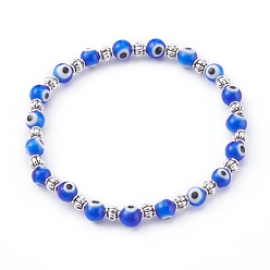 Blue Handmade Round Evil Eye Lampwork Beaded Stretch Bracelets, with Alloy Spacer Beads, Antique Silver, Blue, Inner Diameter: 2 inch(5.2cm)