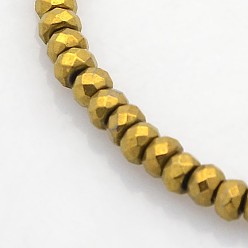 Golden Plated Electroplate Non-magnetic Synthetic Hematite Beads Strands, Faceted Rondelle, Golden Plated, 3x2mm, Hole: 1mm, about 214pcs/strand, 15.7 inch