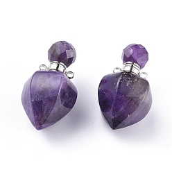 Amethyst Faceted Natural Amethyst Openable Perfume Bottle Pendants, with 304 Stainless Steel Findings, Peach Shape, Stainless Steel Color, 35~36x18~18.5x21~21.5mm, Hole: 1.8mm, Bottle Capacity: 1ml(0.034 fl. oz)