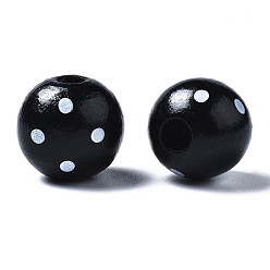 Noir Perles européennes en bois naturel peint, Perles avec un grand trou   , imprimé, rond avec point, noir, 16x15mm, Trou: 4mm