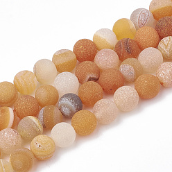 Dark Orange Dyed Natural Striped Agate/Banded Agate Beads Strands, Frosted, Round, Dark Orange, 6~6.5mm, Hole: 1mm, about 63pcs/strand, 15.5 inch