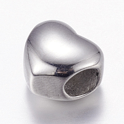 Stainless Steel Color 304 Stainless Steel European Beads, Large Hole Beads, Heart, Stainless Steel Color, 10x11x8mm, Hole: 5mm