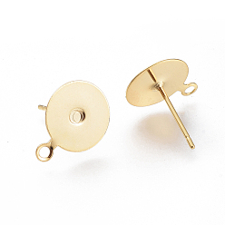 Real 18K Gold Plated 304 Stainless Steel Stud Earring Findings, Flat Pad Earring Post, Real 18k Gold Plated, 10mm, Hole: 1.5mm, Pin: 0.8mm