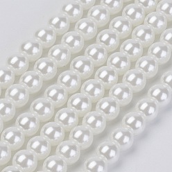 Creamy White Eco-Friendly Glass Pearl Beads Strands, Grade A, Round, Dyed, Cotton Cord Threaded, Creamy White, 14mm, Hole: 1.2~1.5mm, about 30pcs/strand, 15.7 inch