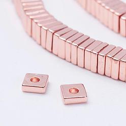 Plaqué D'or Rose Galvanoplastie non magnétiques hématite synthétique brins de perles, perles heishi carrées, rose plaqué or, 3x3x1mm, Trou: 0.5mm, Environ 386 pcs/chapelet, 16.5 pouce (42 cm)
