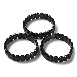 Obsidienne Bracelet extensible en perles d'obsidienne en argent naturel, bijoux en pierres précieuses pour femmes, ovale, diamètre intérieur: 2-1/8 pouce (5.4~5.5 cm)