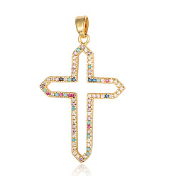 Real 18K Gold Plated Brass Micro Pave Colorful Cubic Zirconia Pendants, Hollow Cross Charms, Real 18K Gold Plated, 34x23x2.3mm
