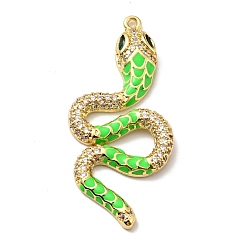 Lime Brass Micro Pave Clear Cubic Zirconia Pendants, with Enamel, Cadmium Free & Lead Free, Golden, Snake, Lime, 36.5x17x3.5mm, Hole: 1.2mm
