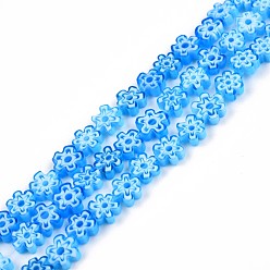 Deep Sky Blue Handmade Millefiori Glass Bead Strands, Plum Bossom, Deep Sky Blue, 6~7x6~8x2.5~3mm, Hole: 1mm, about 63~65pcs/strand, 15.55 inch~15.94 inch(39.5~40.5cm)