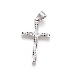 Stainless Steel Color 304 Stainless Steel Pendants, with Crystal Rhinestone, Cross, Stainless Steel Color, 43.5x25.5x3.5mm, Hole: 5x7.5mm