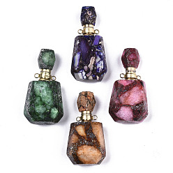 Mixed Color Assembled Synthetic Pyrite and Imperial Jasper Openable Perfume Bottle Pendants, with Brass Findings, Dyed, Mixed Color, capacity: 1ml(0.03 fl. oz), 42x22.5x15mm, Hole: 1.8mm, Capacity: 1ml(0.03 fl. oz)