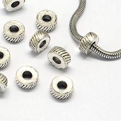 Antique Silver Tibetan Style Alloy Beads, Large Hole Beads, Flat Round, Antique Silver, 10x4.5mm, Hole: 4mm