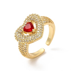 Красный Открытое кольцо-манжета в форме сердца из кубического циркония, настоящие позолоченные украшения из латуни для женщин, без кадмия и без свинца, красные, внутренний диаметр: 18 мм