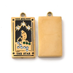 Black 304 Stainless Steel Pendants, with Enamel and Rhinestone, Golden, Rectangle with Tarot Pattern, The Star XVII, Black, 21x10.5x2mm, Hole: 1.5mm