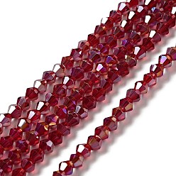 Rojo Oscuro Abalorios de vidrio, color de ab chapado, facetados, bicono, de color rojo oscuro, 4x4 mm, agujero: 1 mm, sobre 92~96 unidades / cadena, 13.78~14.37 pulgada