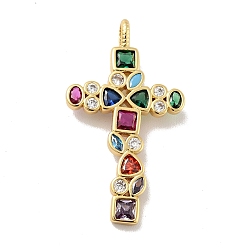 Real 18K Gold Plated Cross Brass Micro Pave Colorful Cubic Zirconia Pendants, Cadmium Free & Nickel Free & Lead Free, Real 18K Gold Plated, 32x18x2mm, Hole: 2.6x3.3mm