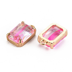 Hot Pink Transparent Glass Pendants, with Brass Prong Settings, Faceted, Rectangle, Light Gold, Hot Pink, 17x10x5.5mm, Hole: 1.6mm