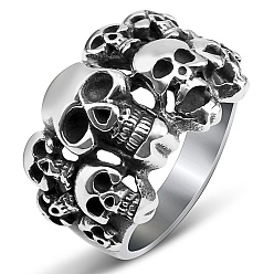 Stainless Steel Color Steam Punk Style Titanium Steel Multi-Skull Finger Rings, Hollow Wide Rings for Men, Stainless Steel Color, US Size 10(19.8mm)