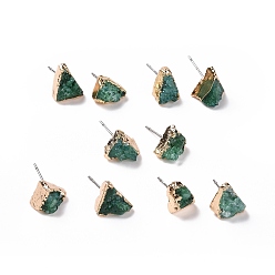Sea Green Natural Dyed Druzy Quartz Stud Earrings, with Brass Findings, Nuggets, Golden, Sea Green, 3~13x3~13x4~9mm, Pin: 0.7mm