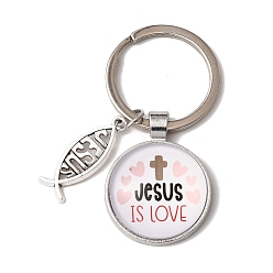 Misty Rose I Love Jesus Symbol Glass Pendant Keychain with Alloy Jesus Fish Charm, with Iron Findings, Half Round, Misty Rose, 6.2cm