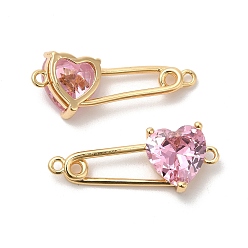 Perlas de Color Rosa Dijes de conector de vidrio en forma de corazón, eslabones de imperdible de latón chapado en oro real 18k, rosa perla, 11x28.5x5.8 mm, agujero: 1.4 mm