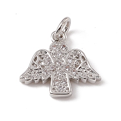 Platinum Brass Micro Pave Clear Cubic Zirconia Pendants, Angel Charms, with Open Jump Rings, Platinum, 12.5x13.5x1.5mm, Hole: 2.7mm