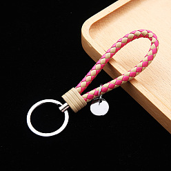 Deep Pink PU Leather Knitting Keychains, Wristlet Keychains, with Platinum Tone Plated Alloy Key Rings, Deep Pink, 12.5x3.2cm