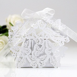 Blanco Cajas de cartón de dulces de boda plegables creativas, pequeñas cajas de regalo de papel, mariposa hueca con cinta, blanco, pliegue: 6.3x4x4 cm