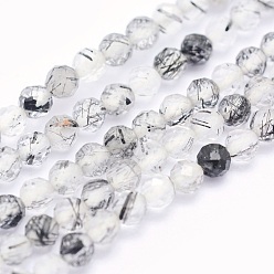Rutilated Quartz Natural Black Rutilated Quartz Beads Strands, Round, Faceted, 2mm, Hole: 0.5mm, about 174pcs/strand, 15.5 inch(39.5cm)