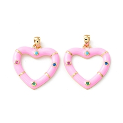 Pink Rack Plating Brass Micro Pave Colorful Cubic Zirconia Pendants, with Enamel, Cadmium Free & Nickel Free & Lead Free, Real 18K Gold Plated, Heart, Pink, 21x20.5x2.5mm, Hole: 4.5x2mm