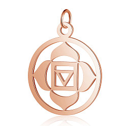 Rose Gold 304 Stainless Steel Pendants, Chakra, Muladhara, Flat Round with Flower, Rose Gold, 22.5x19x1mm, Hole: 3mm