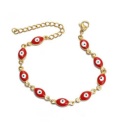 Red Evil Eye Stainless Steel Enamel Link Chain Bracelet, Red, no size
