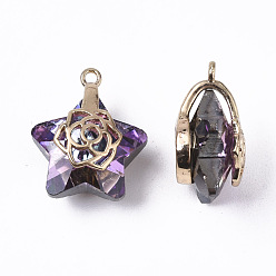 Medium Orchid Electroplate Glass Pendants, with Light Gold Plated Brass Ice Pick Pinch Bails, Faceted, Star with Rose, Medium Orchid, 16x13.5x7mm, Hole: 1.2mm