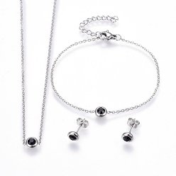 Stainless Steel Color 304 Stainless Steel Jewelry Sets, Pendant Necklaces & Stud Earrings & Bracelets, with Rhinestones, Flat Round, Black, Stainless Steel Color, 16.54 inch(42cm), 6-3/4 inch(17cm), 6.5x3.5mm, Pin: 0.8mm
