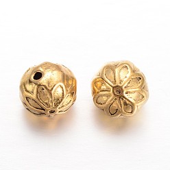 Antique Golden Round Alloy Beads, with Flower Pattern, Antique Golden, 10mm, Hole: 1mm