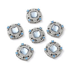 Real Platinum Plated Brass Micro Pave Cubic Zirconia Multi-Strand Links, with Resin Imitation Aquamarine, Square Connector, Real Platinum Plated, 14x14x5.5mm, Hole: 1mm