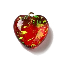 Roja Colgantes de resina transparente, encantos del corazón, con lámina dorada y bucles de hierro en tono dorado, rojo, 23.5~24x22x11~12 mm, agujero: 2 mm