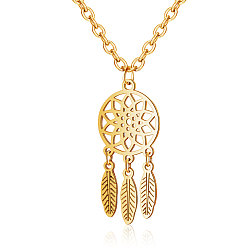 Golden 201 Stainless Steel Pendants Necklaces, Flower & Feather, Golden, 16.3 inch(40cm)