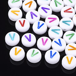 Letter V Initial Acrylic Beads, Horizontal Hole, Flat Round, Mixed Color, Letter.V, 7x3.5~4mm, Hole: 1.2mm, about 3700pcs/500g