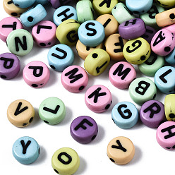 Letter Opaque Mixed Color Acrylic Beads, Flat Round with Black Random Letters, Random Mixed Letters, 7x3.5mm, Hole: 1.5mm, about 3600~3700pcs/500g