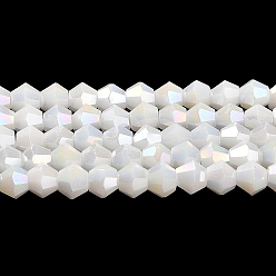 Белый Непрозрачные однотонные гальванические стеклянные бусины, с покрытием AB цвета, граненые, двухконусные, белые, 4x4 мм, отверстие : 0.8 мм, около 87~98 шт / нитка, 12.76~14.61 дюйм (32.4~37.1 см)