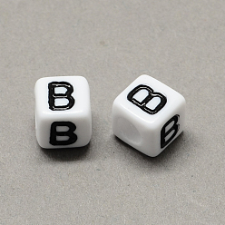 Letter B Gran agujero acrílico letra cuentas europeas, agujero horizontal, blanco y negro, cubo con letter.b, 6x6x6 mm, agujero: 4 mm, Sobre 2950 unidades / 500 g