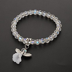 Clear Angel Glass Beaded Acrylic Charm Bracelets, with Tibetan Style Alloy Beads, Lovely Wedding Dress Angel Dangle, Antique Silver, Clear, 48mm