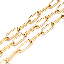 Oro Revestimiento iónico (ip) 304 cadenas de clip de acero inoxidable, soldada, Plano Oval, con carrete, dorado, link: 12x4x1 mm, aproximadamente 32.8 pies (10 m) / rollo
