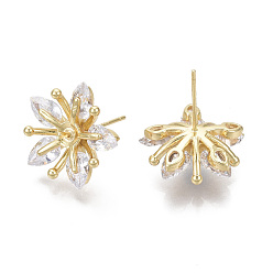 Clear Brass Micro Pave Cubic Zirconia Stud Earring Findings, for Half Drilled Bead, Nickel Free, Flower, Real 18K Gold Plated, Clear, 16.5x16mm, Pin: 0.7mm, Pin: 0.7mm(for half drilled beads)