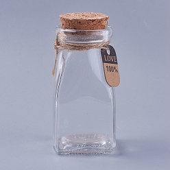 Clear Glass Bottle, with Cork Stopper & Tags, Wishing Bottle, Square, Clear, 10.4x4.93cm, Capacity: 100ml(3.38 fl. oz), Bottleneck: 36.5mm in diameter